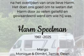 dankkaart voor al het medeleven na het overlijden van Harm Speelman